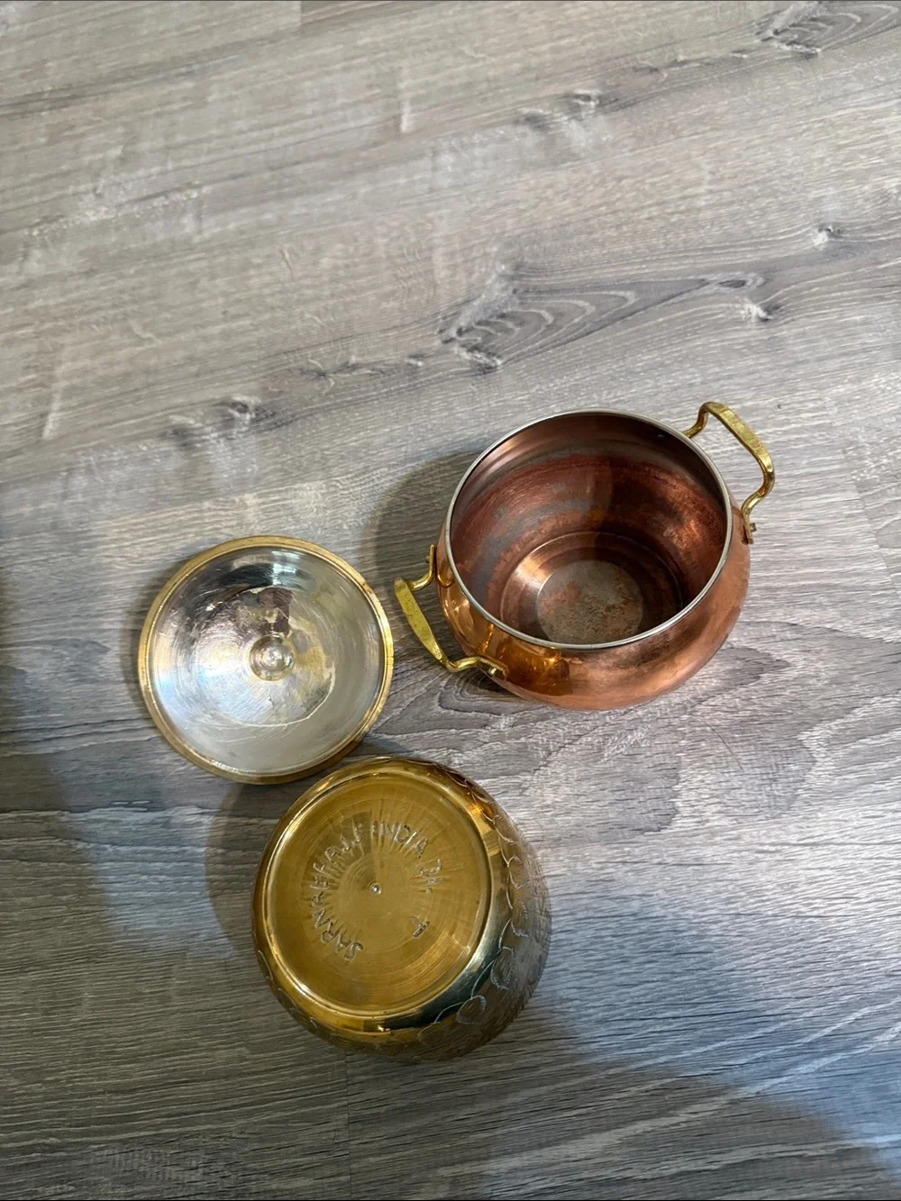 Sarna Etched Brass Bowl and Copper and Brass Handi Handled Pot  3 pieces Lot